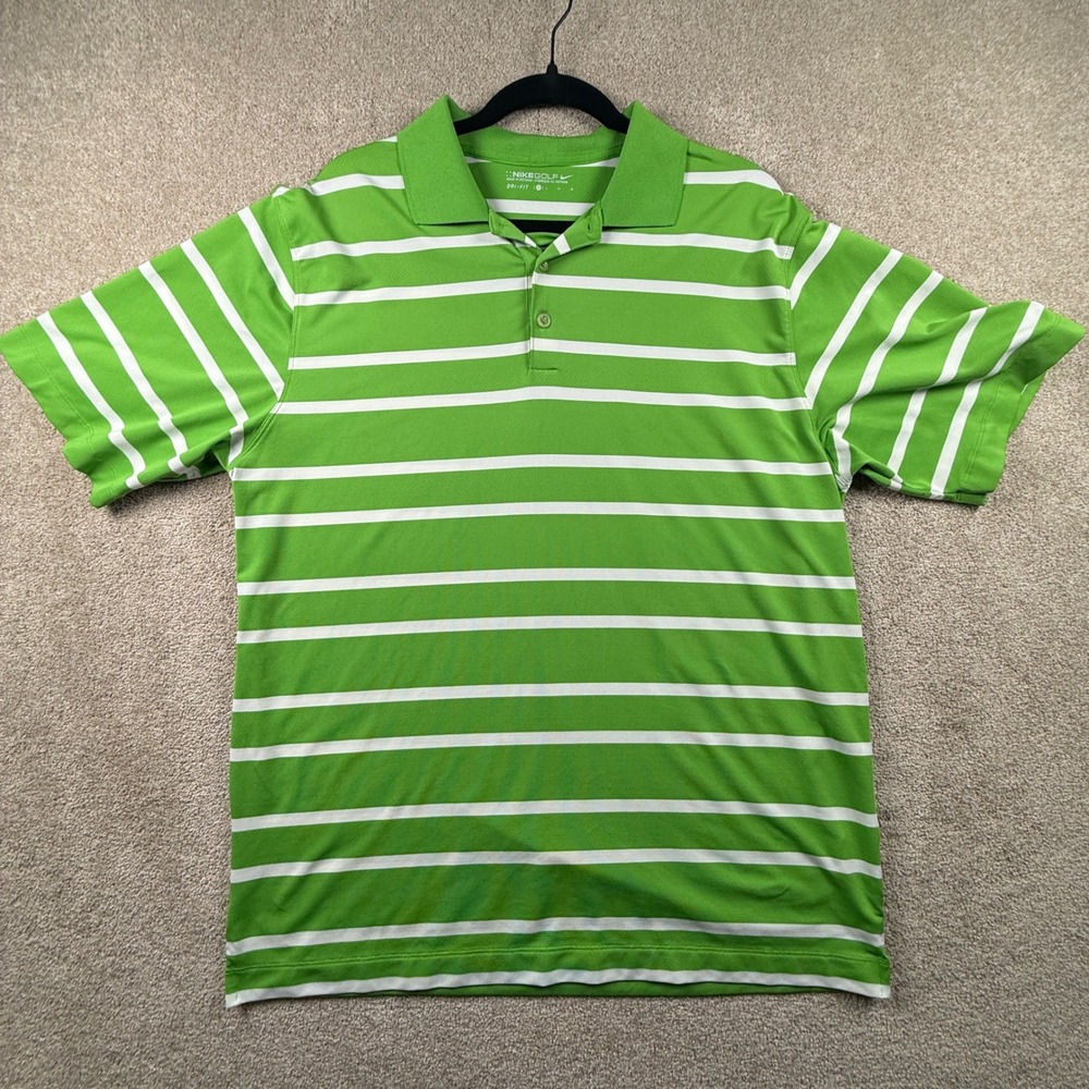 Nike Golf Mens Dri-FIT Striped Polo Shirt Green White Large L Short Sleeve